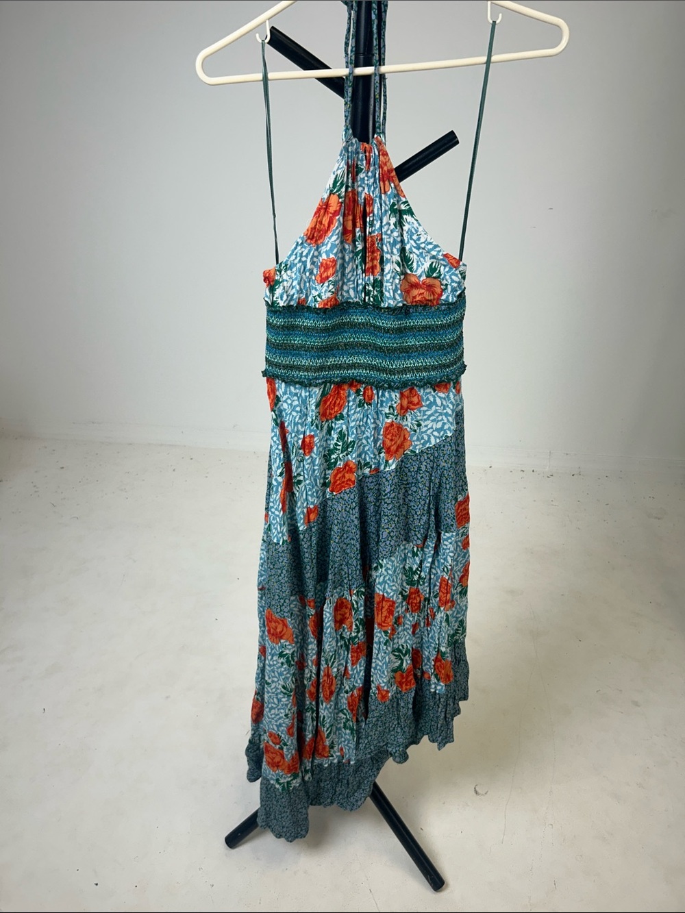 Free People Teal Halter Maxi Dress with Red Floral Print